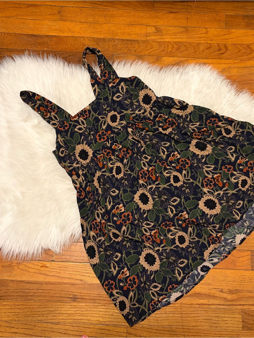 Floral Sundress in Black with Green & Terracotta Accents; Small